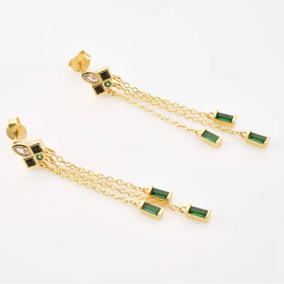 GOLD PLATED STERLING SILVER ART DECO MID CENTURY MODERN EMERALD ONYX DANGLE - Picture 4 of 10